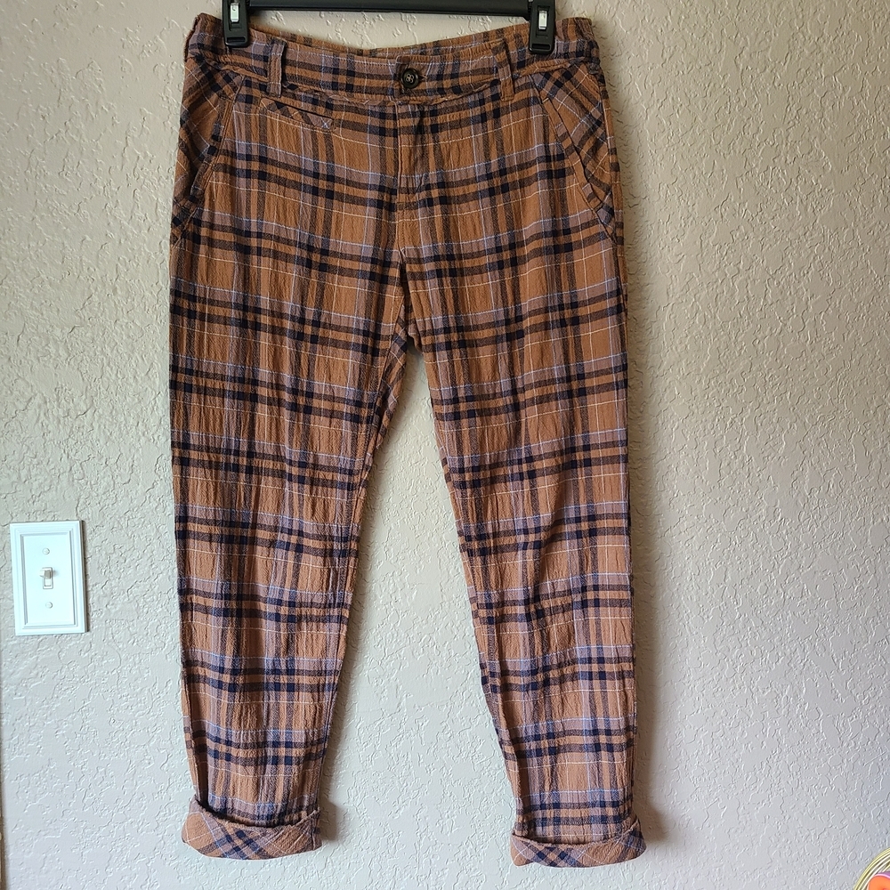 Free People Brown and Blue Chinos with Plaid Design